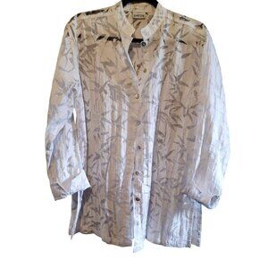 Chicos Sheer White Button-Down Blouse With Bamboo Print & 3/4 Sleeves Size 1 Ray